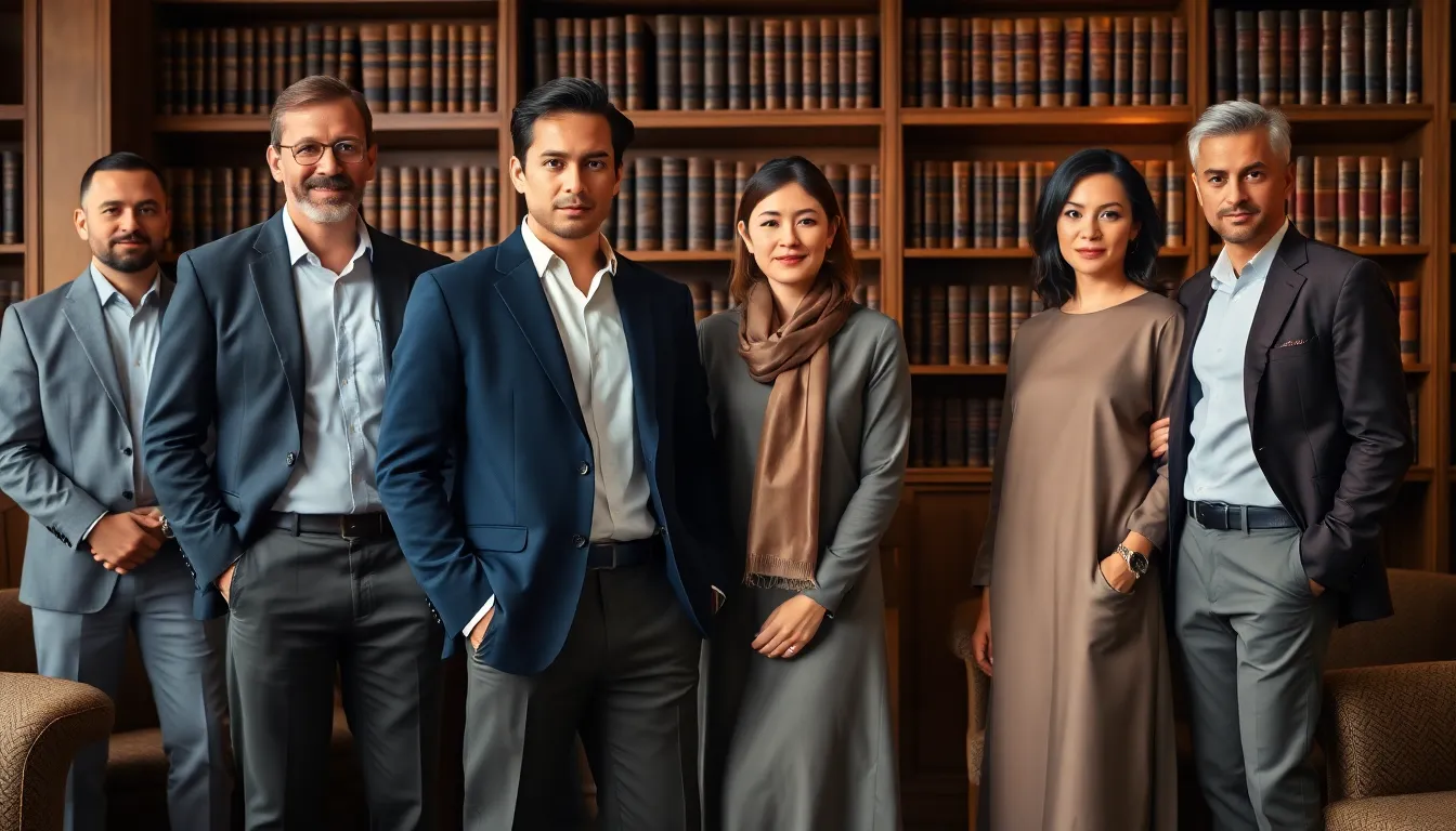 diverse group in modern old money fashion in an elegant library setting.