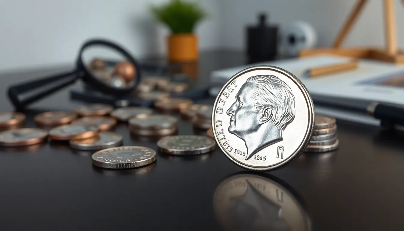 Close-up of modern dimes with a coin collection in a minimalist workspace.