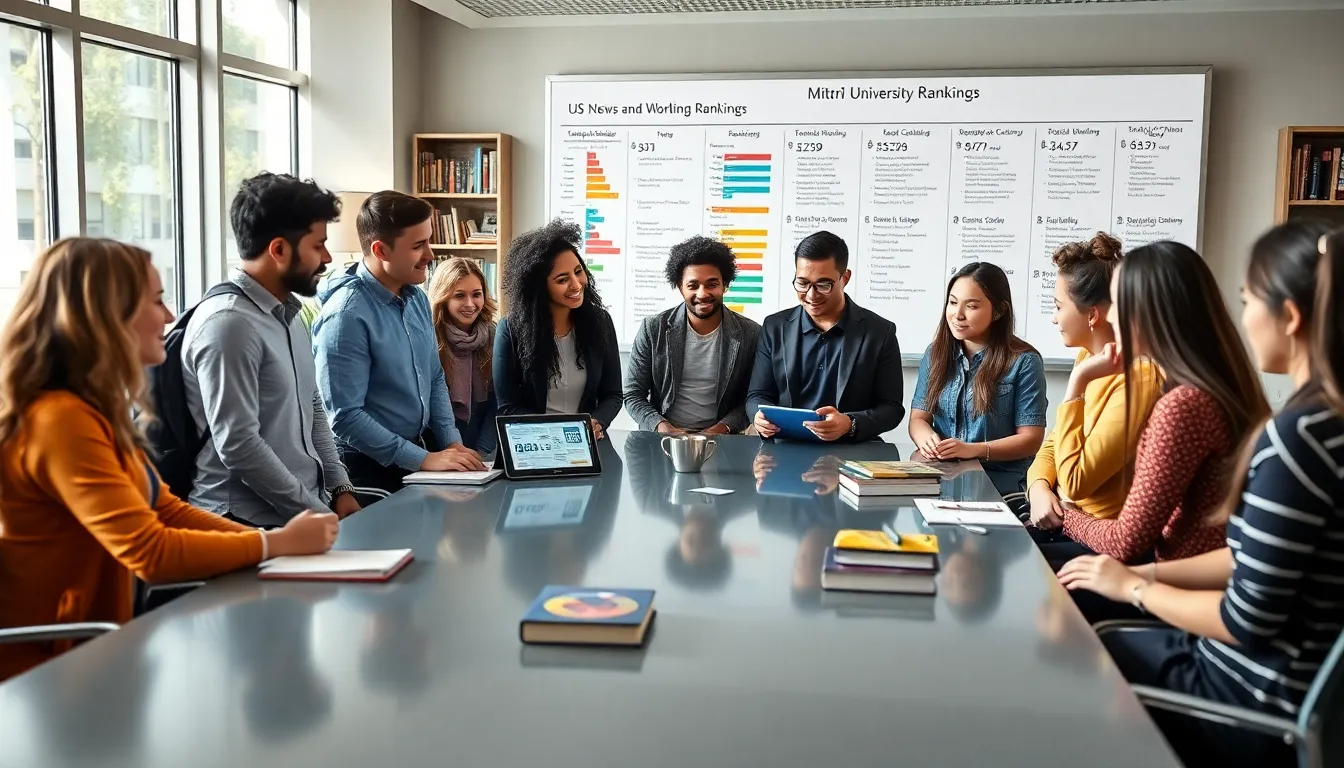 students discussing US News university rankings in a modern classroom.