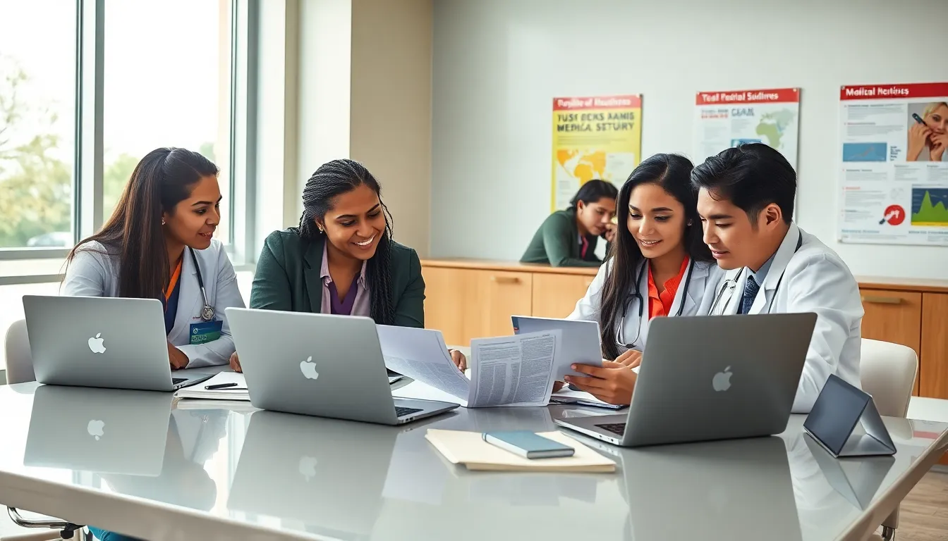 medical students collaborating in a modern study space.
