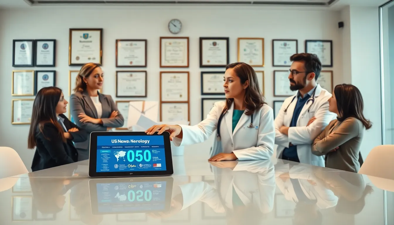 medical professionals discussing neurology rankings in a modern office.