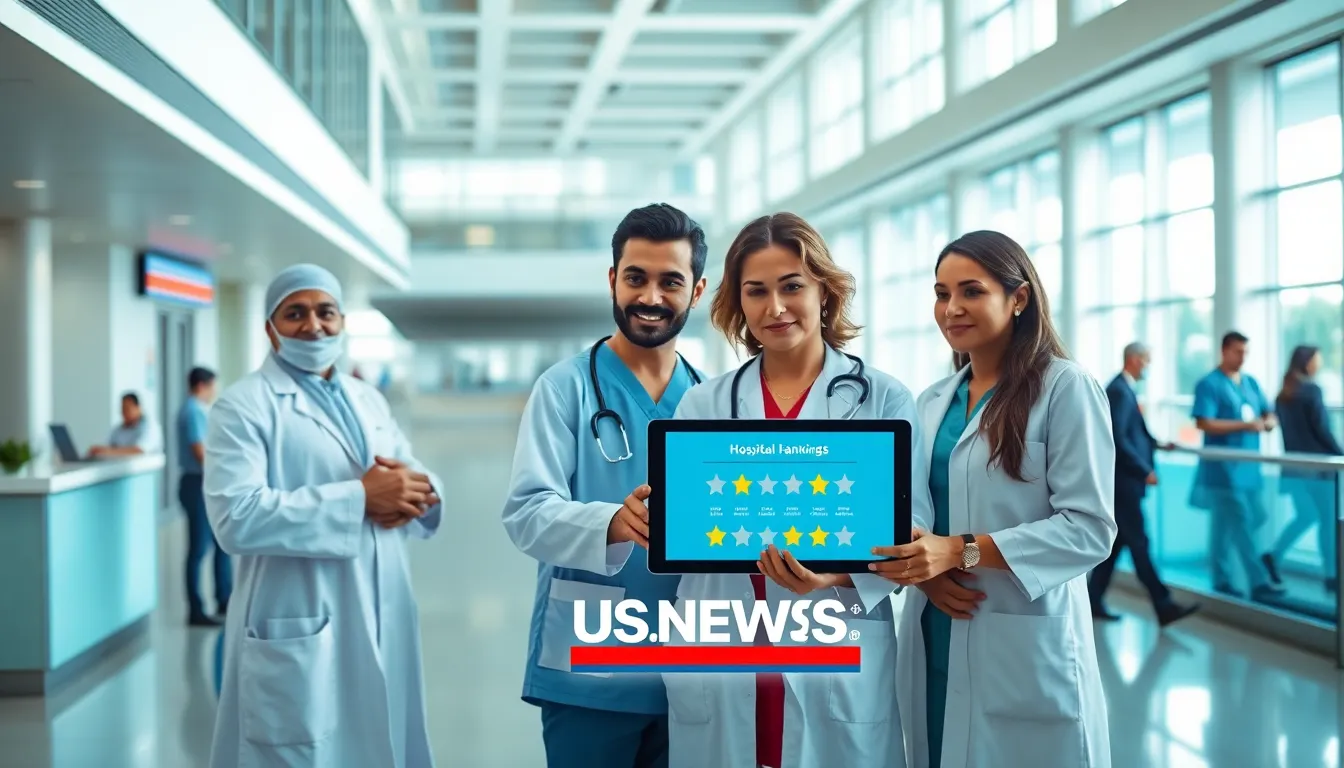 diverse healthcare team discussing hospital rankings in a modern lobby.