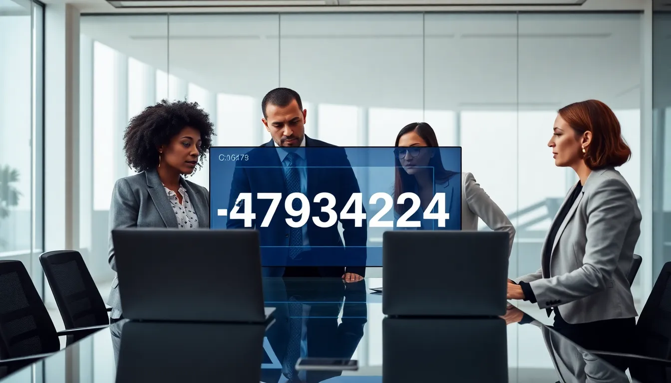 diverse professionals discussing a digital display of the number 3479342243.